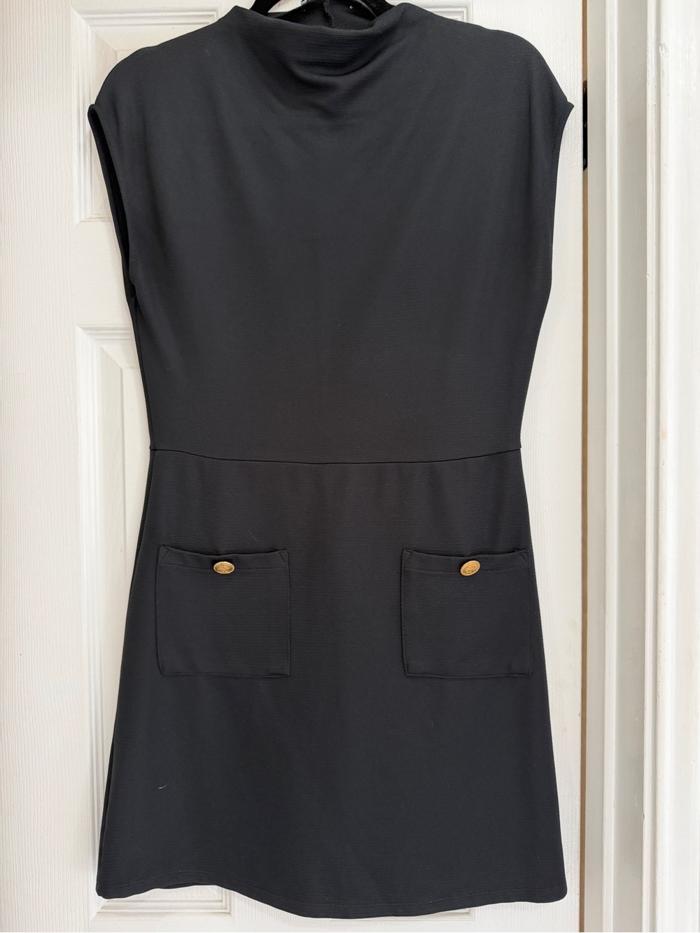 Zara Black Sleeveless Mini Dress with Gold Button Pockets